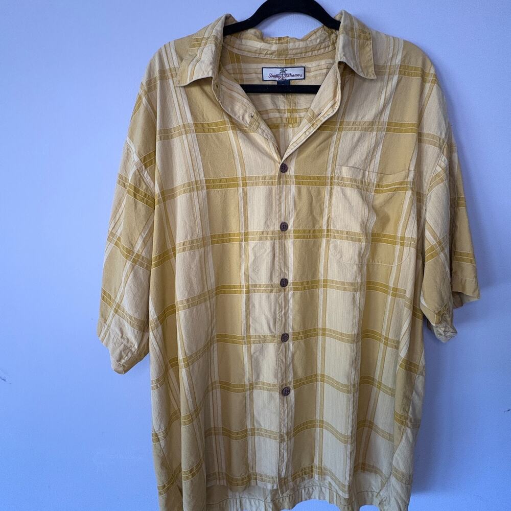Tommy Bahama Mens XL 100% Silk Yellow Tan Plaid Short Sleeve Camp Shirt